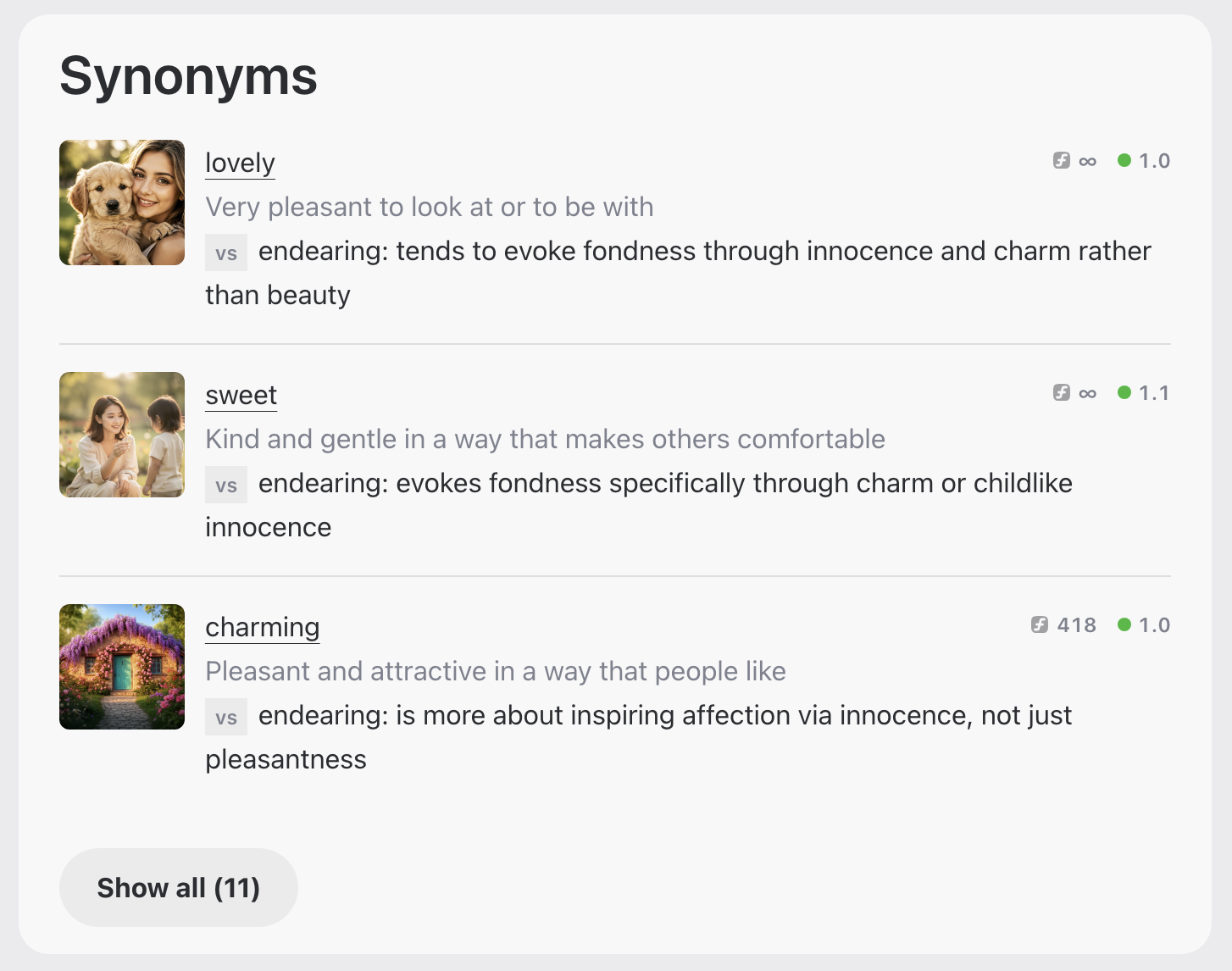 Synonyms for endearing with comparison notes.